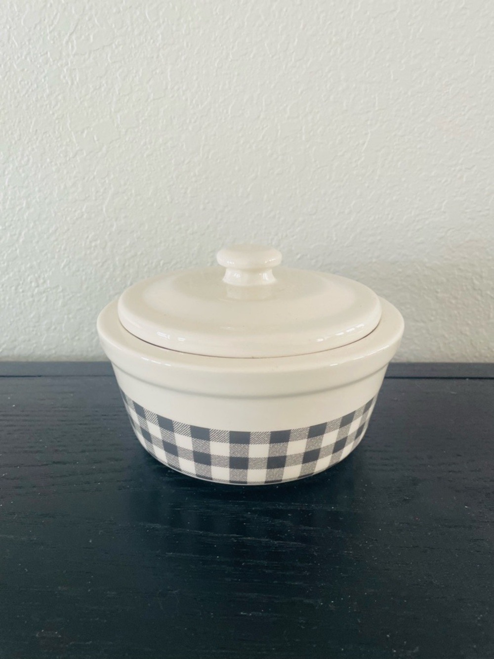 Cream Ceramic Covered Casserole with Black Gingham Band
